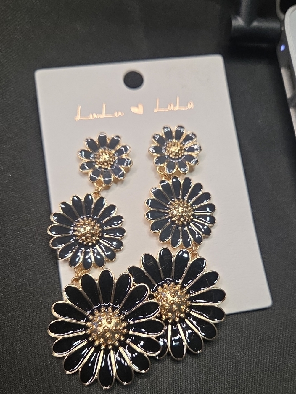 LULU- Black and Gold Tiered Floral Drop Earrings